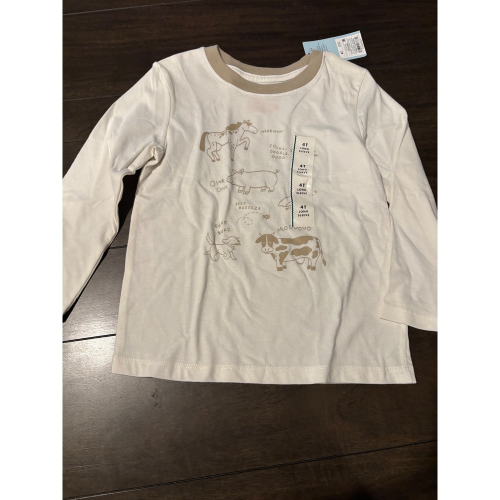 Cat & Jack Toddler Boys Farm Animal Graphic Long Sleeve Ringer Tee Cream 4T NEW